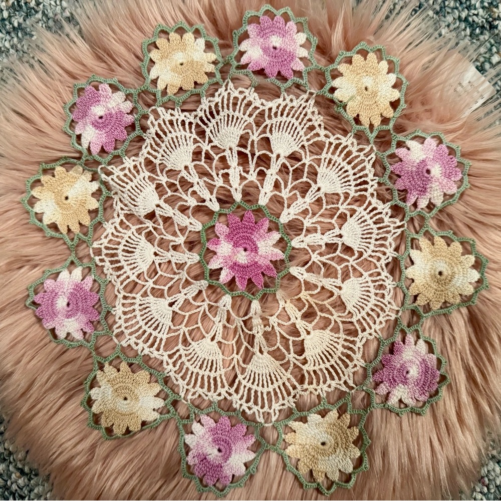 Hand Crafted Crochet Doily - Cream, Pink, Green